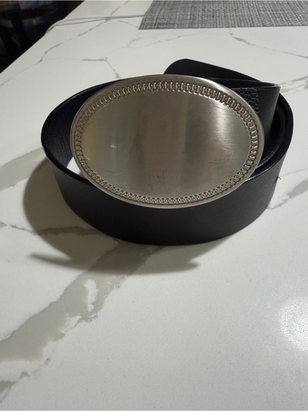 Black Leather Belt with Oval Silver Buckle
